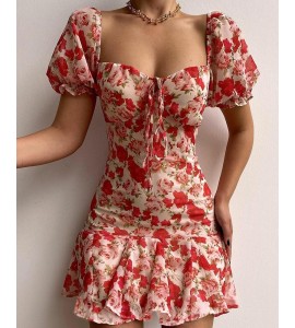 Floral Print Puff Sleeve Ruffle Hem Dress Short Sleeve Summer Dress