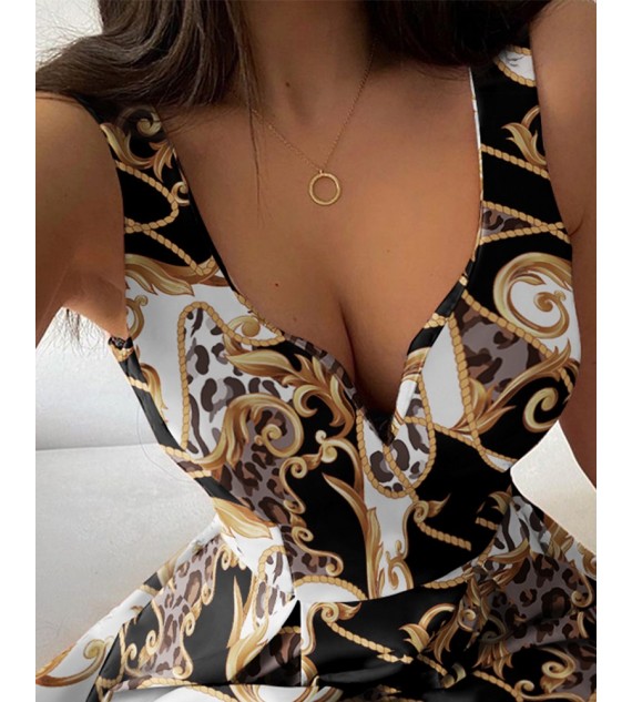 Sleeveless V-Cut Baroque Cheetah Print Dress