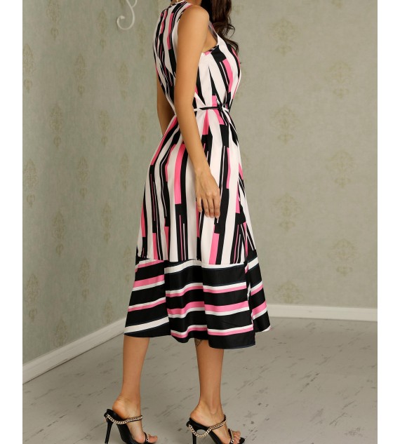 Stripes Splicing Tied Waist Maxi Women Dress
