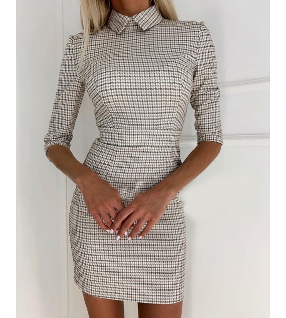 Houndstooth Half Sleeve Casual Dress