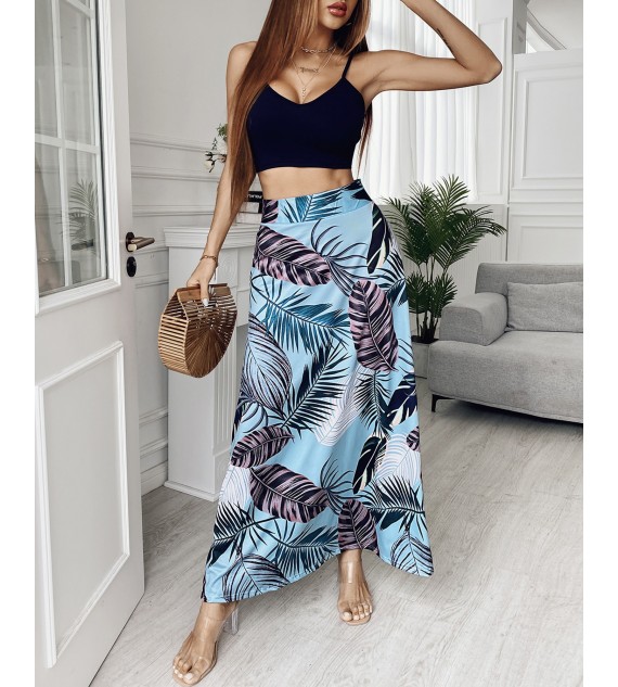 Sleeveless Spaghetti Strap Cami Crop Top & Tropical Print Maxi Skirt Sets Casual Beach Wear Two Piece Suits