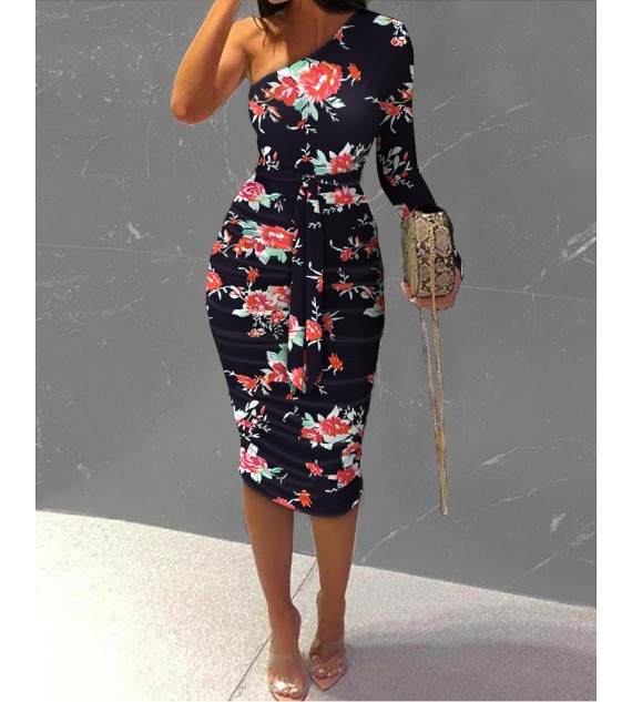 Floral Print One Shoulder Ruched Bodycon Dress Slim Midi Dress Party Dress