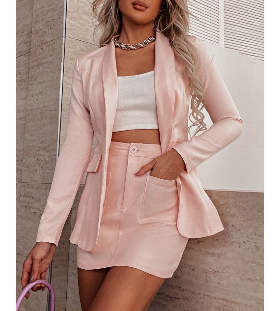 Long Sleeve Blazer Coat & Pockets Skirt Set
