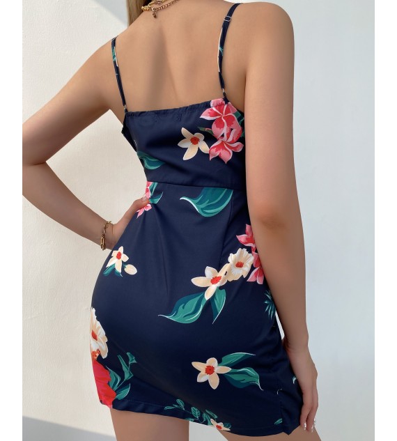 Floral Print V-Neck Wrap Tie Side Cami Dress