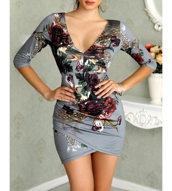 Asymmetric Floral Print Open Back Bodycon Dress