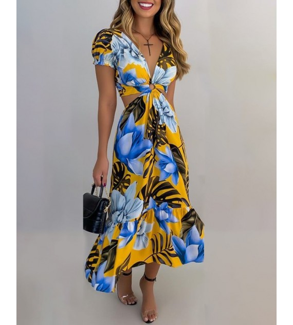 Floral Print Short Sleeve Loose Midi Dress