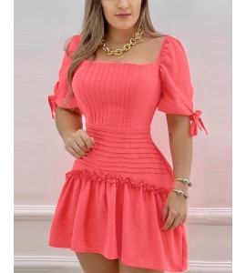 Solid Color Square Neck Ruffle Hem Dress
