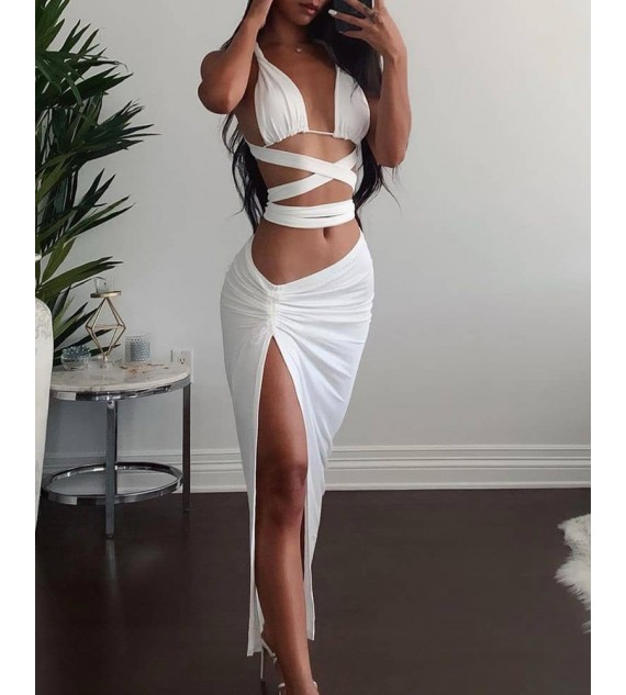 Halter Ruched Tied Detail Top & Slit Skirt Set