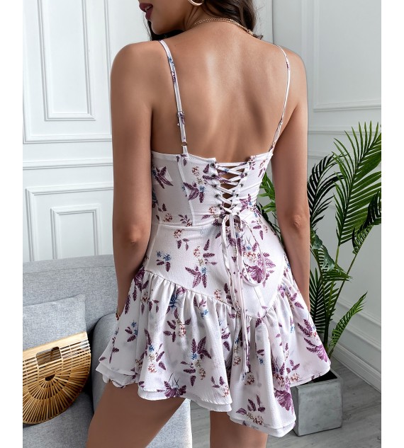 Floral Print Eyelet Lace-up Casual Dress