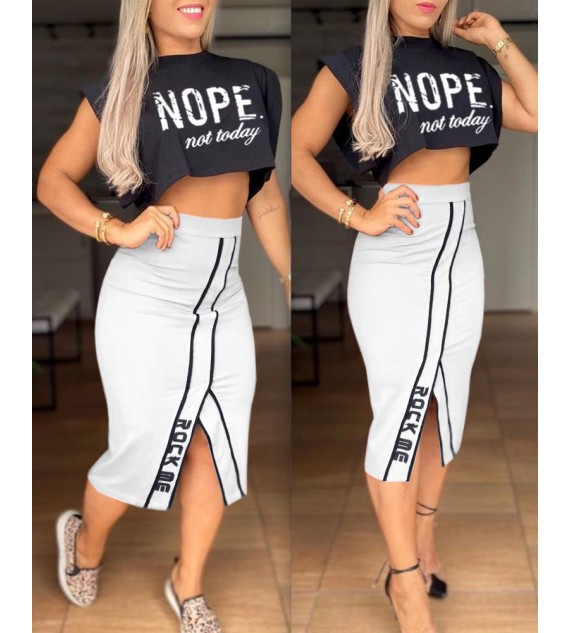 Letter Print Short Sleeve Top & Slit Skirt Set