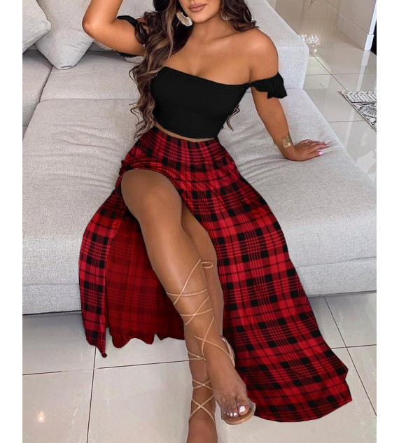Off Shoulder Crop Top & High Slit Plaid Maxi Skirt Set