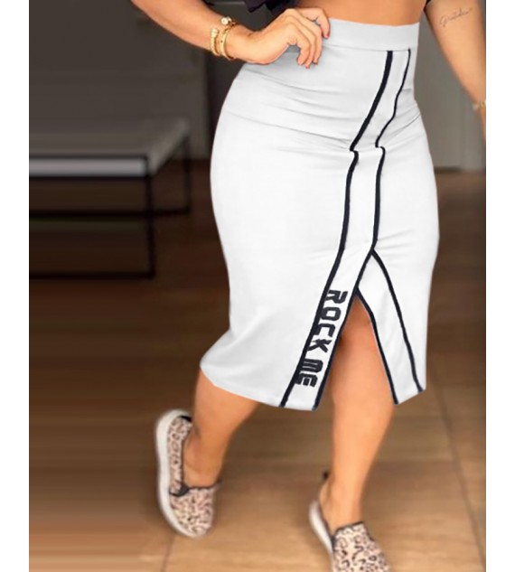 Letter Print Short Sleeve Top & Slit Skirt Set