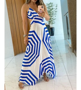Geo Pattern Print Cutout Waist Maxi Dress