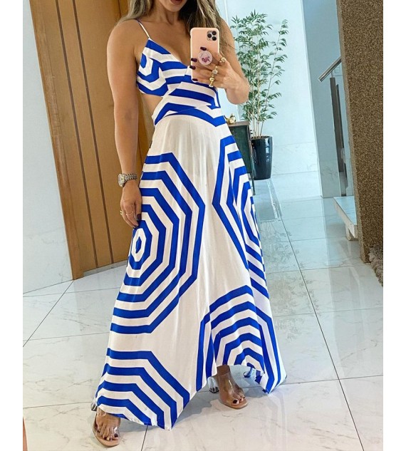 Geo Pattern Print Cutout Waist Maxi Dress