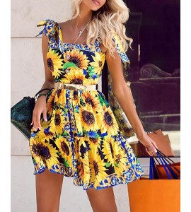 Tied Detail Sunflower Print Dress Without Belt