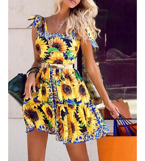 Tied Detail Sunflower Print Dress Without Belt