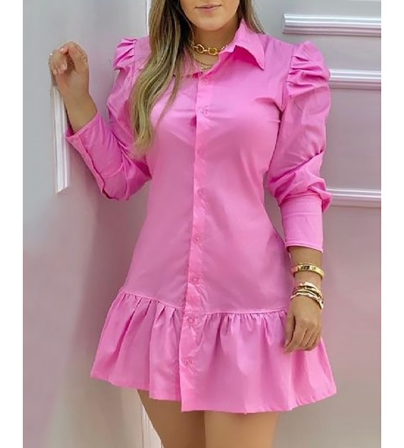 Heart Cut Back Puff Sleeve Shirt Dress