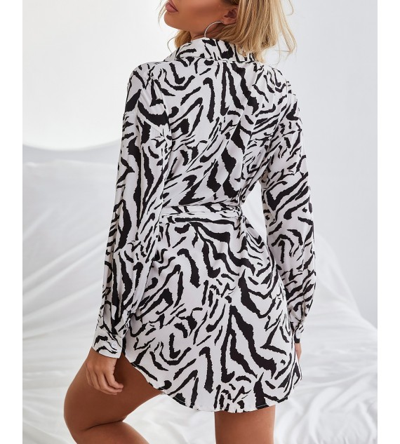 Zebra Stripe Print Long Sleeve Shirt Dress