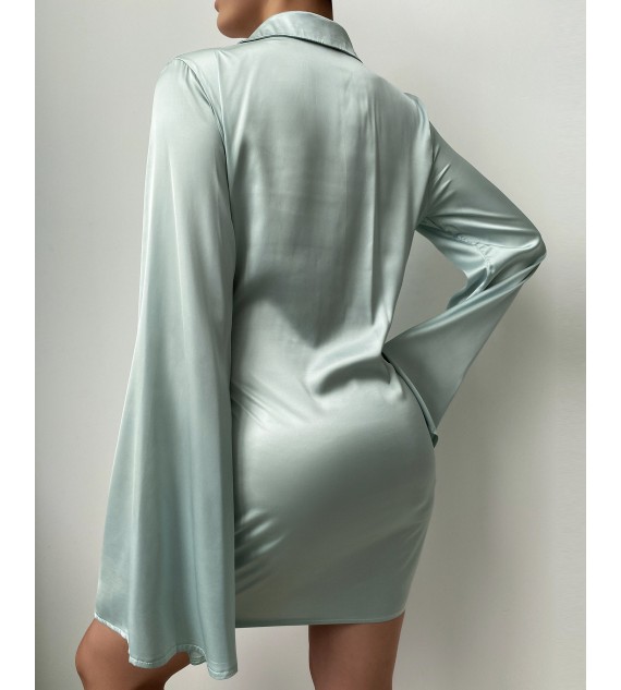 Bell Sleeve Tie Front Satin Shirt Dress
