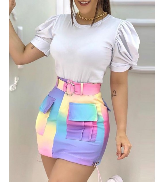 Puffed Sleeve Top & Color Pocket Design Skirt Set