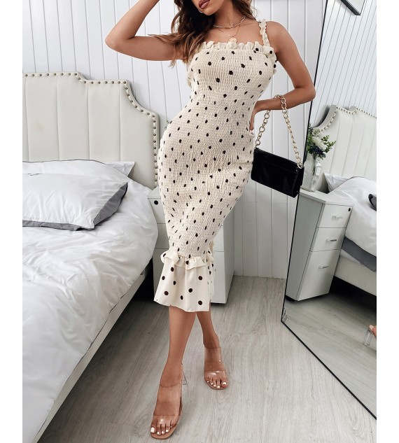 Spaghetti Strap Polkadot Print Shirred Mermaid Dress