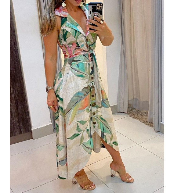 Floral Print Button Design Halter Backless Maxi Women Dress