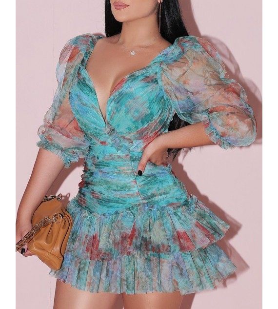 All Over Print Sheer Mesh Puff Sleeve Ruched Dress