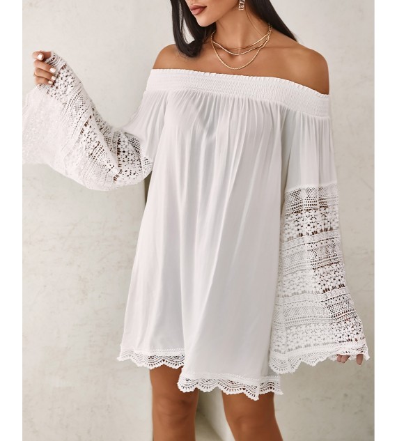 Scallop Lace Trim Bell Sleeve Casual Dress