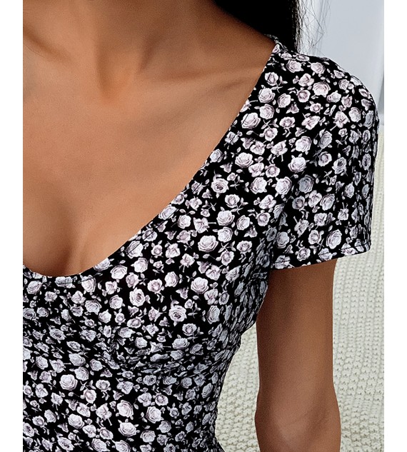 Floral Print Casual Beach Dress Sexy V-Neck Wrap Bodycon Mini Dress Ruffles
