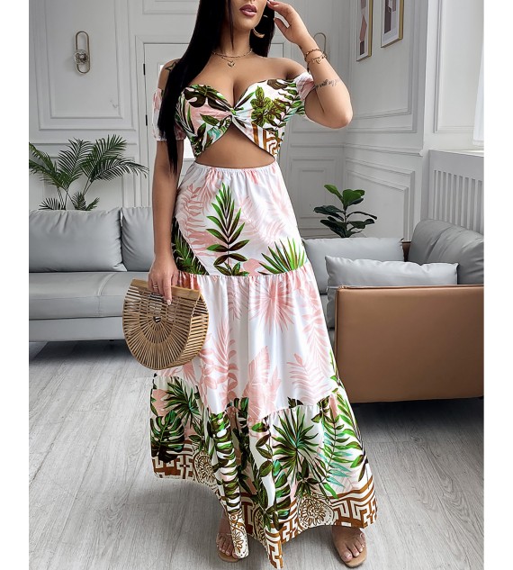 Tropical Print Hollow-out Design Off Shoulder V Neck Maxi Dress