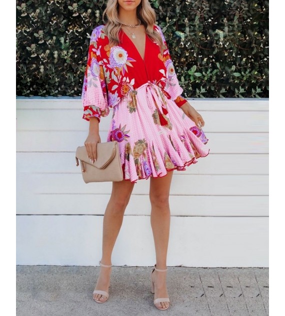 Floral Print Ruffles Hem Lantern Sleeve Casual Dress