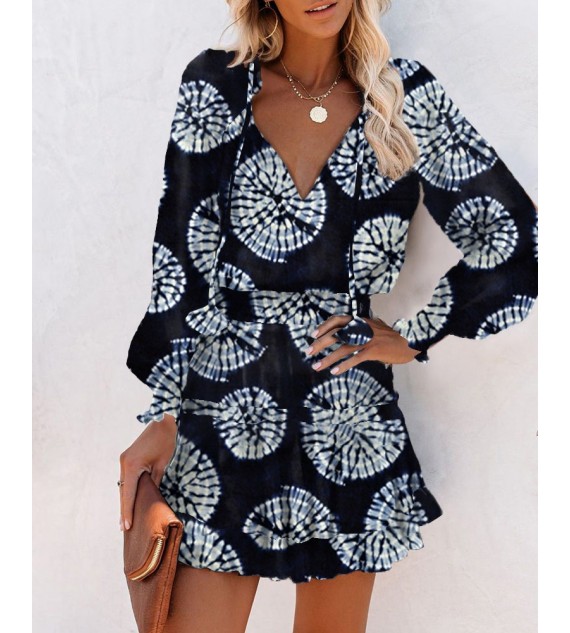 All Over Print ny Waist Long Sleeve Mini Dress