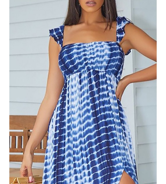 Tie Dye Print High Slit Ruffles Maxi Dress