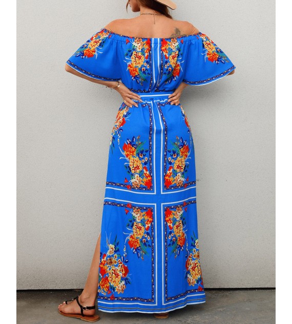 Off Shoulder High Slit Bell Sleeve Floral Print Maxi Dress