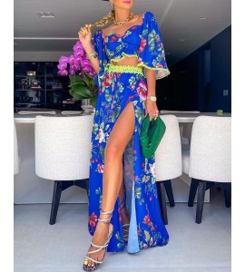 Floral Print Lace Patch Top & Slit Skirt Set