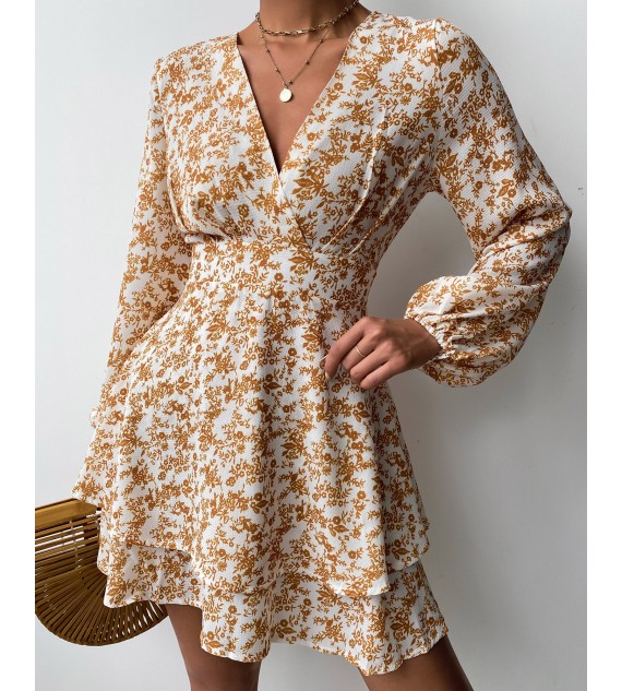V-neck Floral Print Long Sleeve Dress
