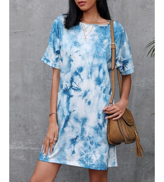 Tie Dye Print Pocket Design Casual Dress