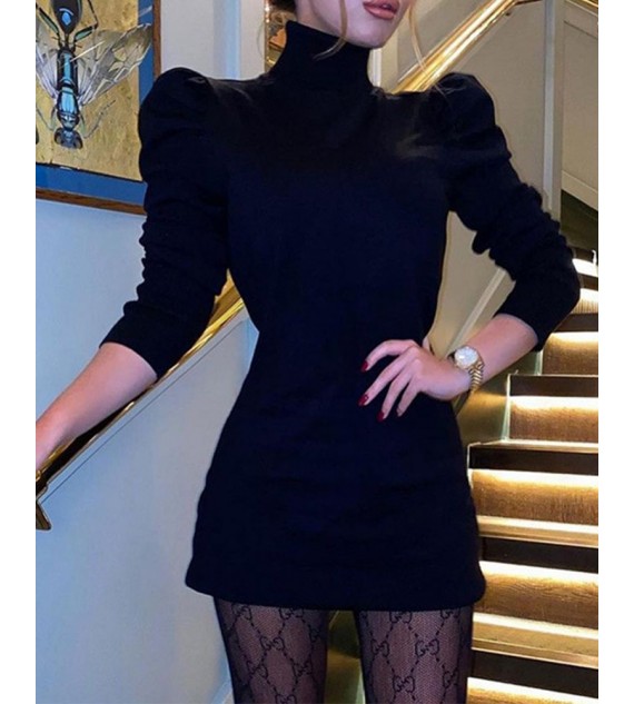 Plain Puff Sleeve Bodycon Women Dress