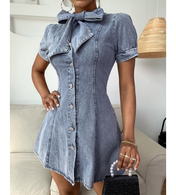Kd Design Buttoned Short Sleeve Denim Dress