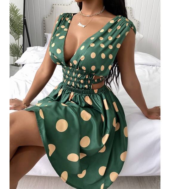 Cutout Waist Plunge Polkadot Print Dress