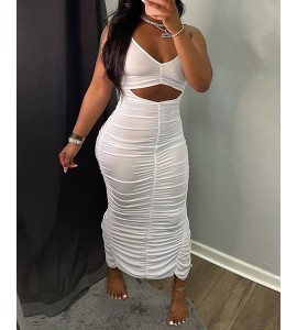 Halter Backless Cutout Ruched Slit Maxi Dress