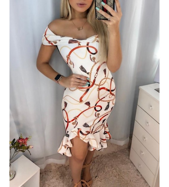 Chain Print Off Shoulder Irregular Ruffles Dress
