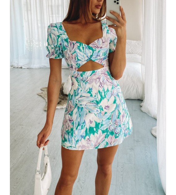 Floral Print Short Sleeve Cut-out ny Women Dress