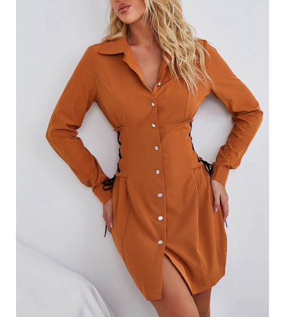 Eyelet Lace Up Button Design Shirt Dress