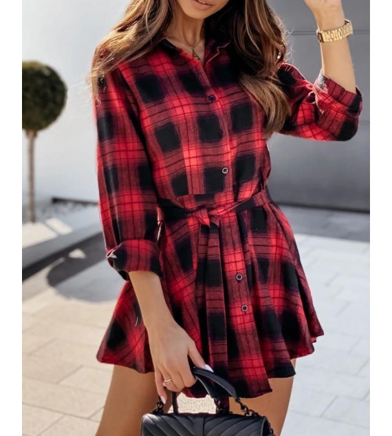 Plaid Color Long Sleeve Women Shirt Dress