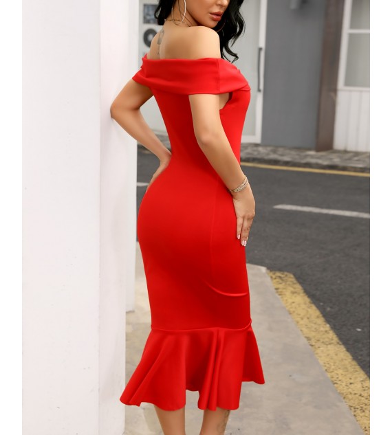 Off Shoulder Ruffles Hem Bowknot Bodycon Dress