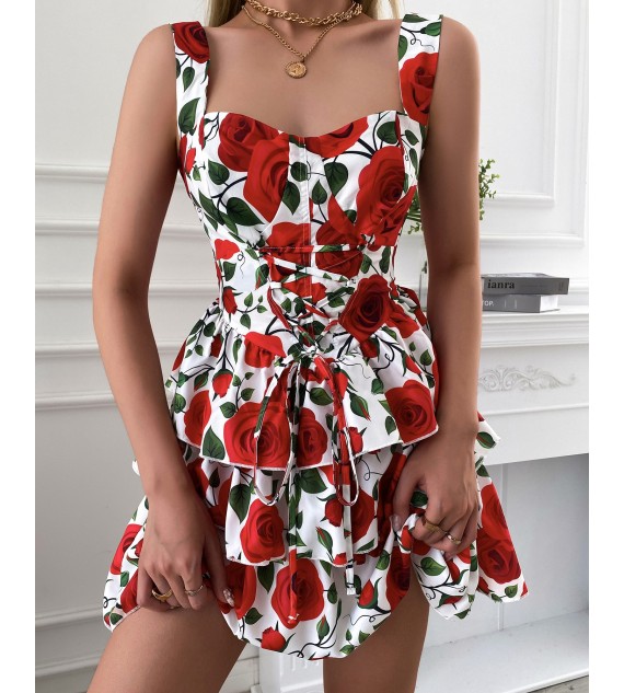 Layered Ruffles Lace-up Backless Floral Print Dress