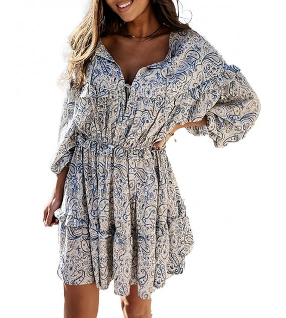 Paisley Print Long Sleeve Frill Hem Ruched Dress