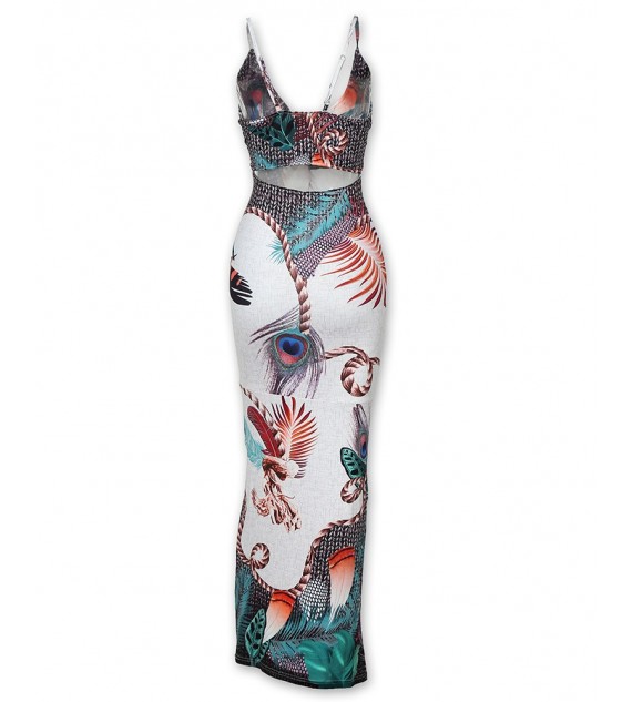 Peacock Feather Print Cutout Back Thigh Slit Maxi Dress