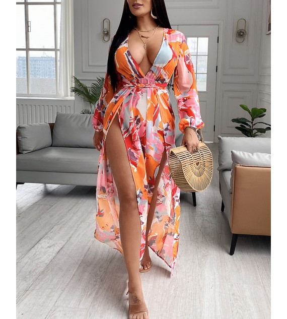 Color High Slit Plunge Lantern Sleeve Maxi Dress
